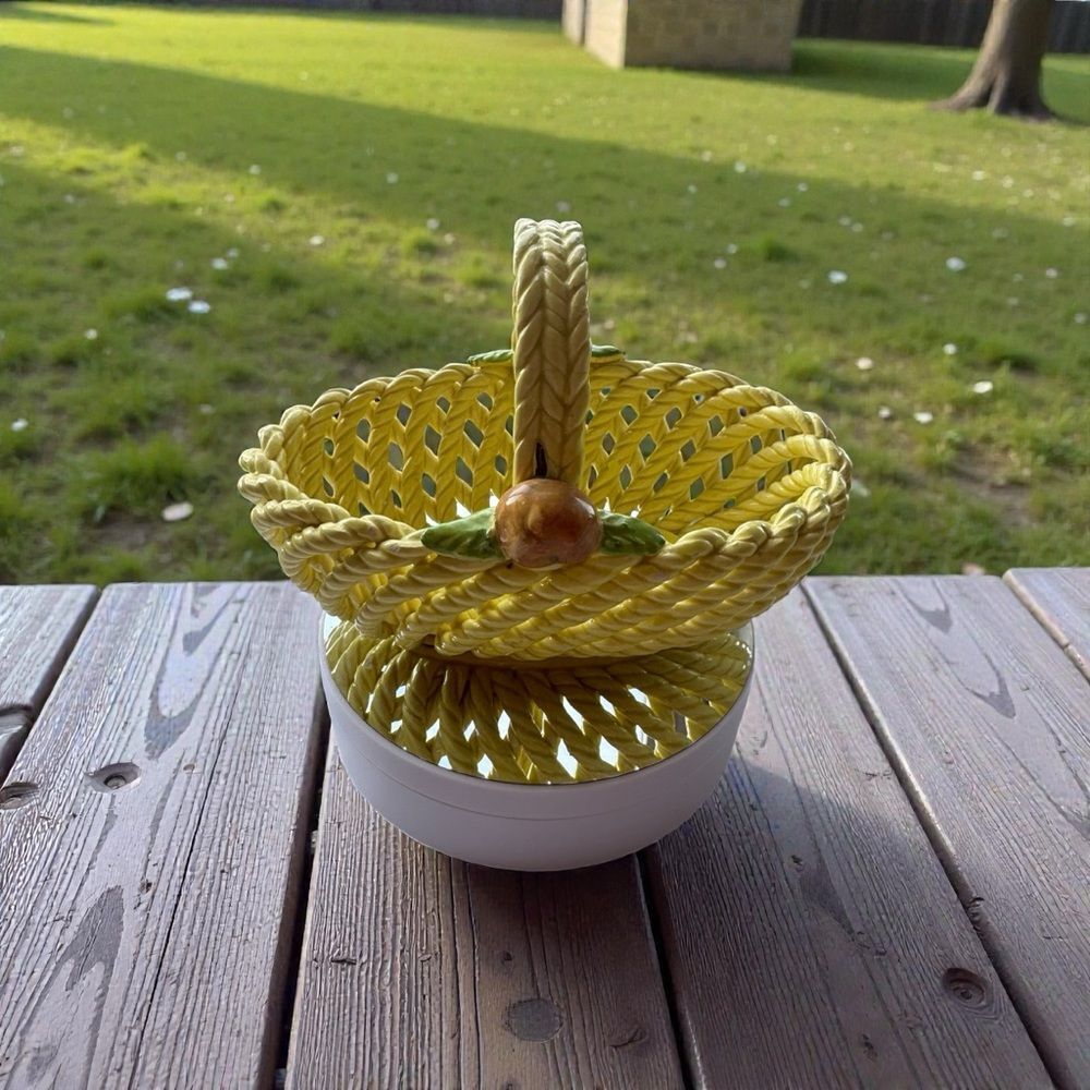 Spanish Yellow Woven Porcelain Basket with Handle and Flowers